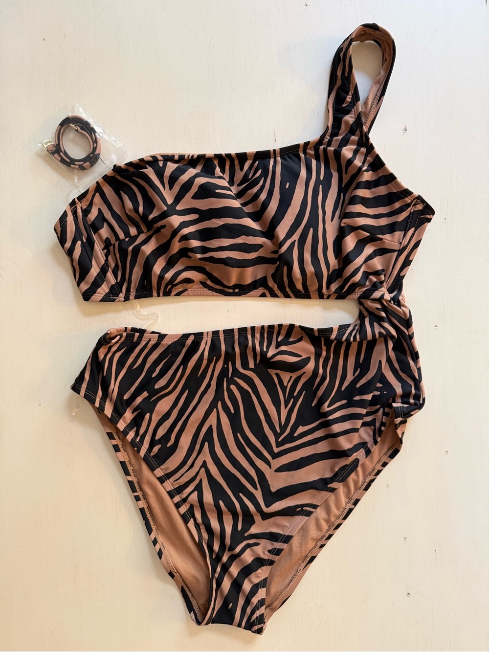 Shade & Shore Zebra-Stripe Bathing Suit in Tan and Black. NWT 16